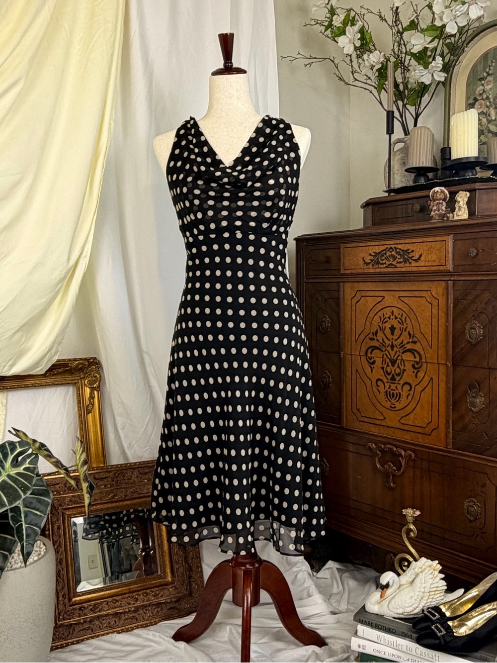 Vintage Silk Black Polka Dot V-Neck Midi Dress - Donna Ricco